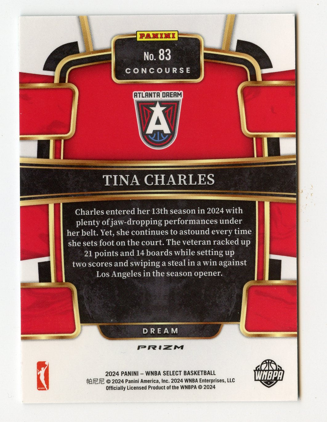 WNBA46 TINA CHARLES 2024 SELECT WNBA GREEN CRACKED ICE PRIZM CONCOURSE #82 DREAM