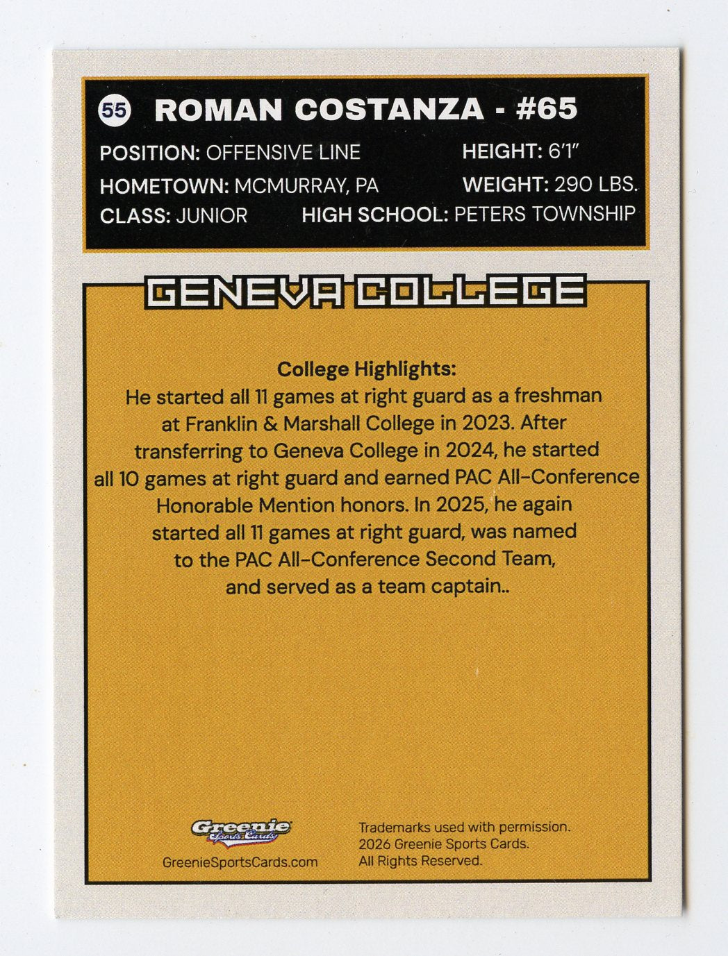 ROMAN COSTANZA Certified Autograph Trading Card 2025-26 Greenie Sports Cards NIL Trading Card