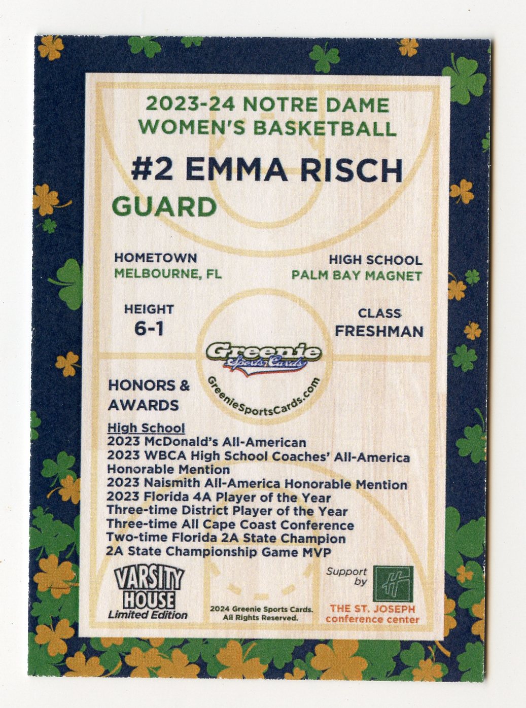 EMMA RISCH 2024 GREENIE SPORTS CARDS NIL /175 NOTRE DAME WBB RARE SP