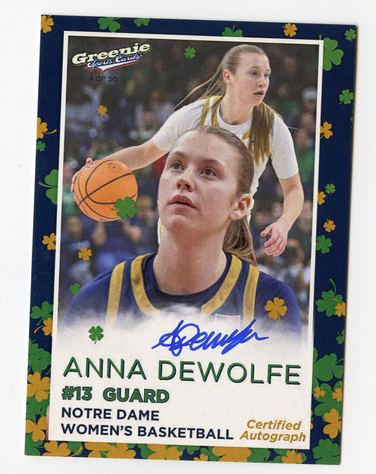 ANNA DEWOLFE AUTO 2024 GREENIE SPORTS CARDS COA NIL /50 NOTRE DAME WBB