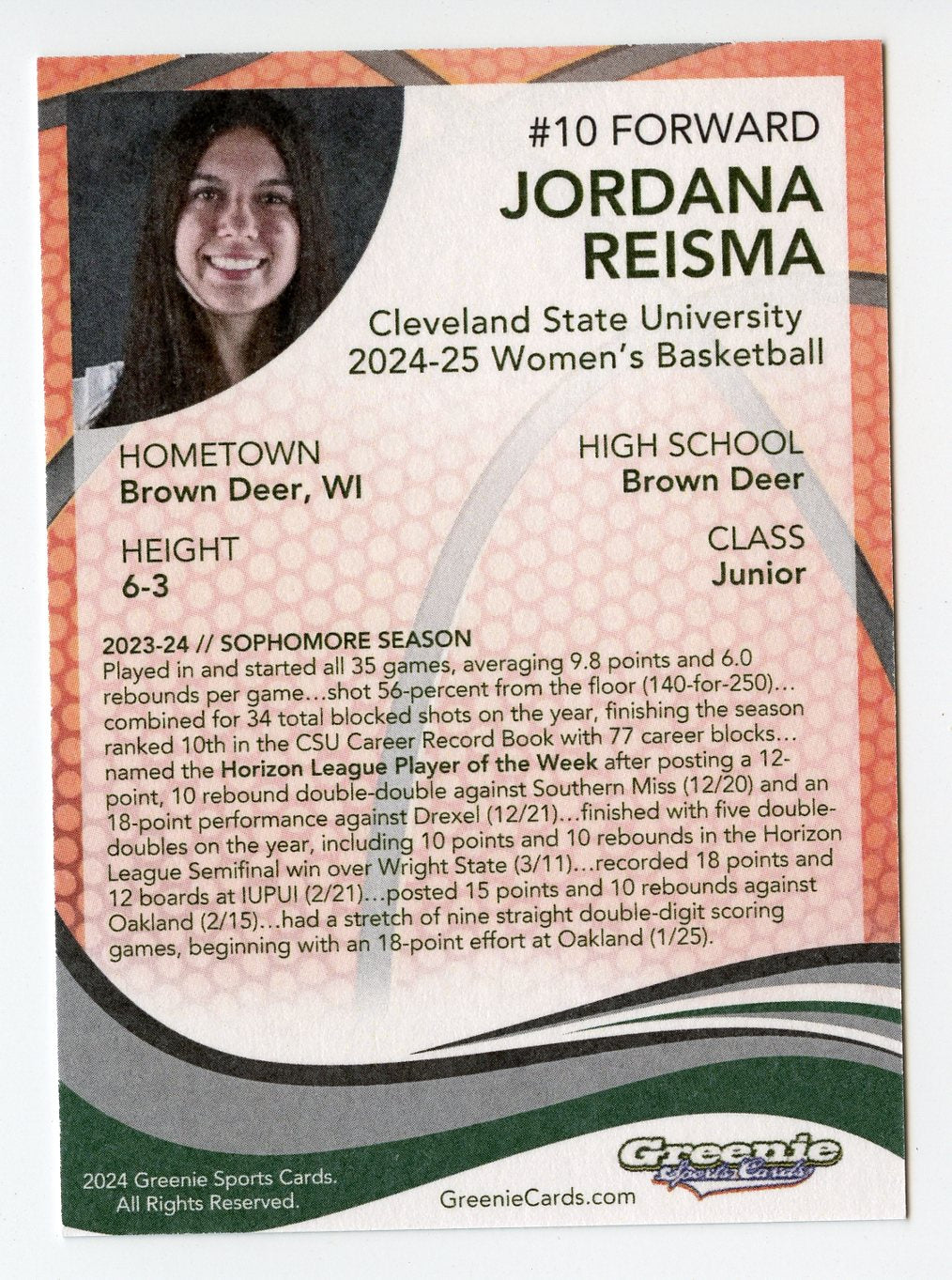 JORDANA REISMA Certified Autograph Trading Card 2024 Greenie Sports Cards NIL Trading Card