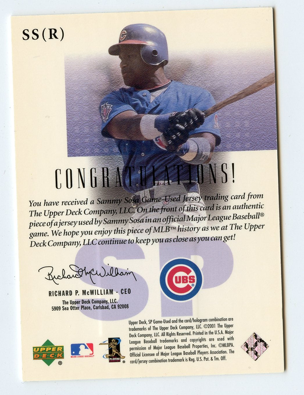 5A7 SAMMY SOSA GAME WORN JERSEY 2001 SP GAME USED FABRIC CUBS