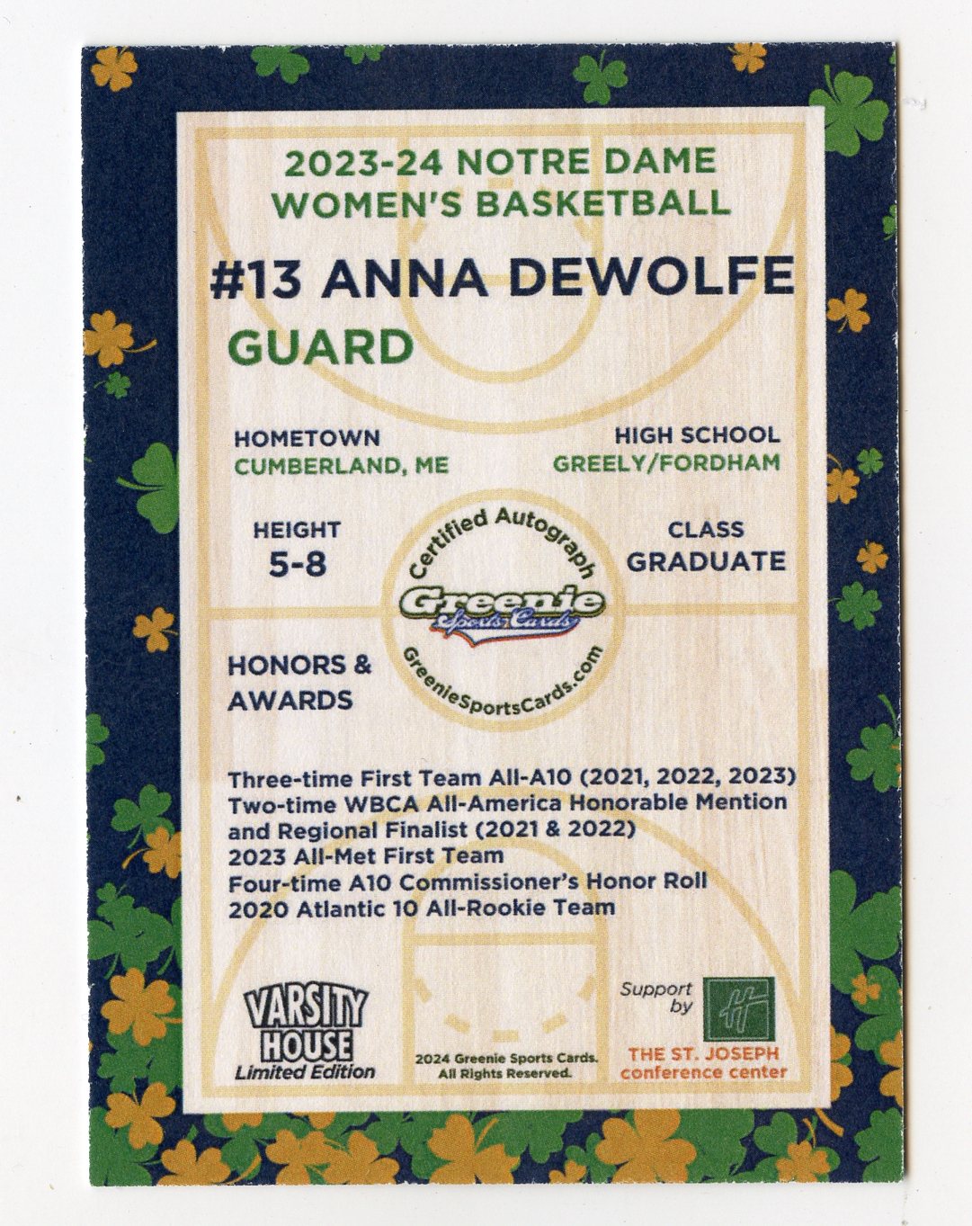 ANNA DEWOLFE AUTO 2024 GREENIE SPORTS CARDS COA NIL /50 NOTRE DAME WBB