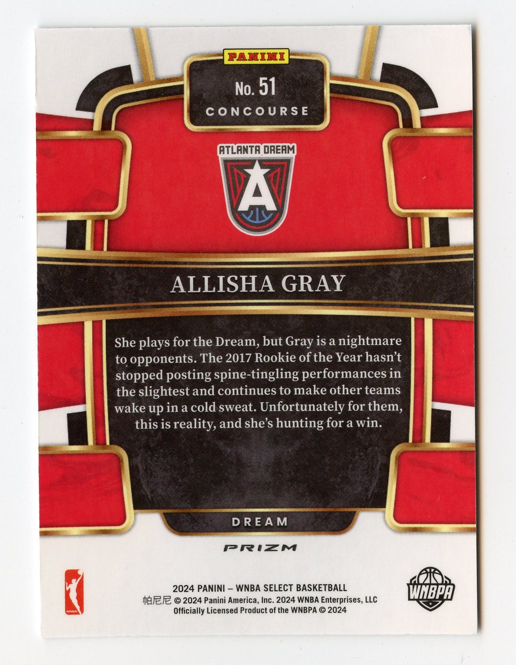 A331 ALLISHA GRAY 2024 SELECT WNBA SILVER PRIZM CONCOURSE #51 DREAM