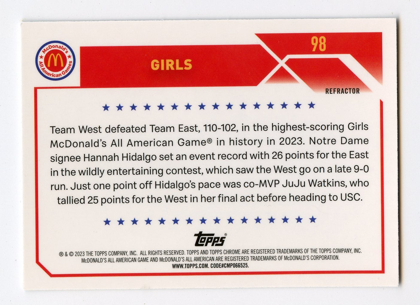 WNBA45 2023 TOPPS MCDONALD'S ALL AMERICAN GIRLS REFRACTOR #98 HANNAH & JUJU