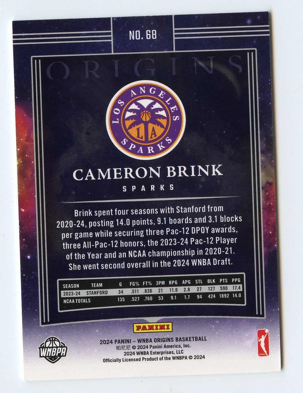 WNBA1 CAMERON BRINK RC 2024 ORIGINS 44/99 #68 SPARKS