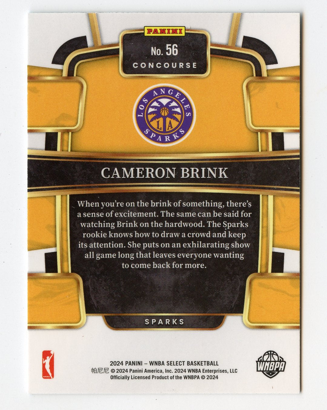 WNBA27 CAMERON BRINK RC 2014 SELECT CONCOURSE #56 SPARKS