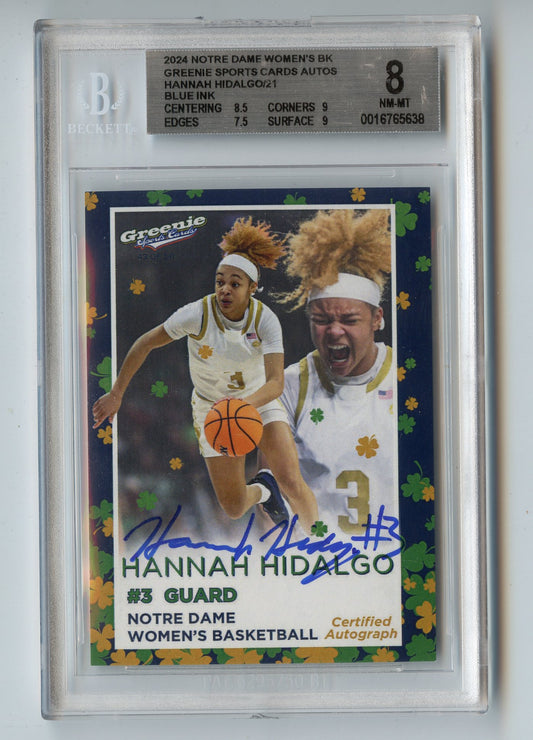 HANNAH HIDALGO AUTO 2024 GREENIE SPORTS CARDS COA NIL /50 NOTRE DAME WBB BGS 8