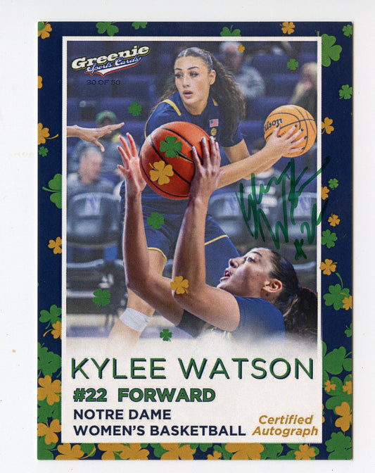 KYLEE WATSON AUTO 2024 GREENIE SPORTS CARDS COA NIL /50 NOTRE DAME WBB