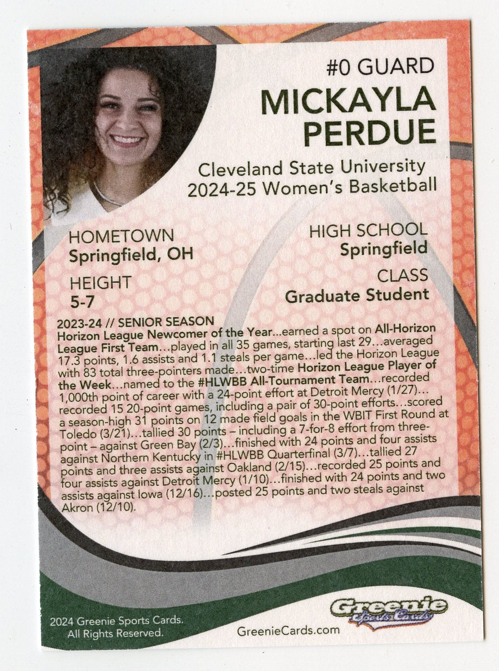 MICKAYLA PERDUE Certified Autograph Trading Card 2024 Greenie Sports Cards NIL Trading Card