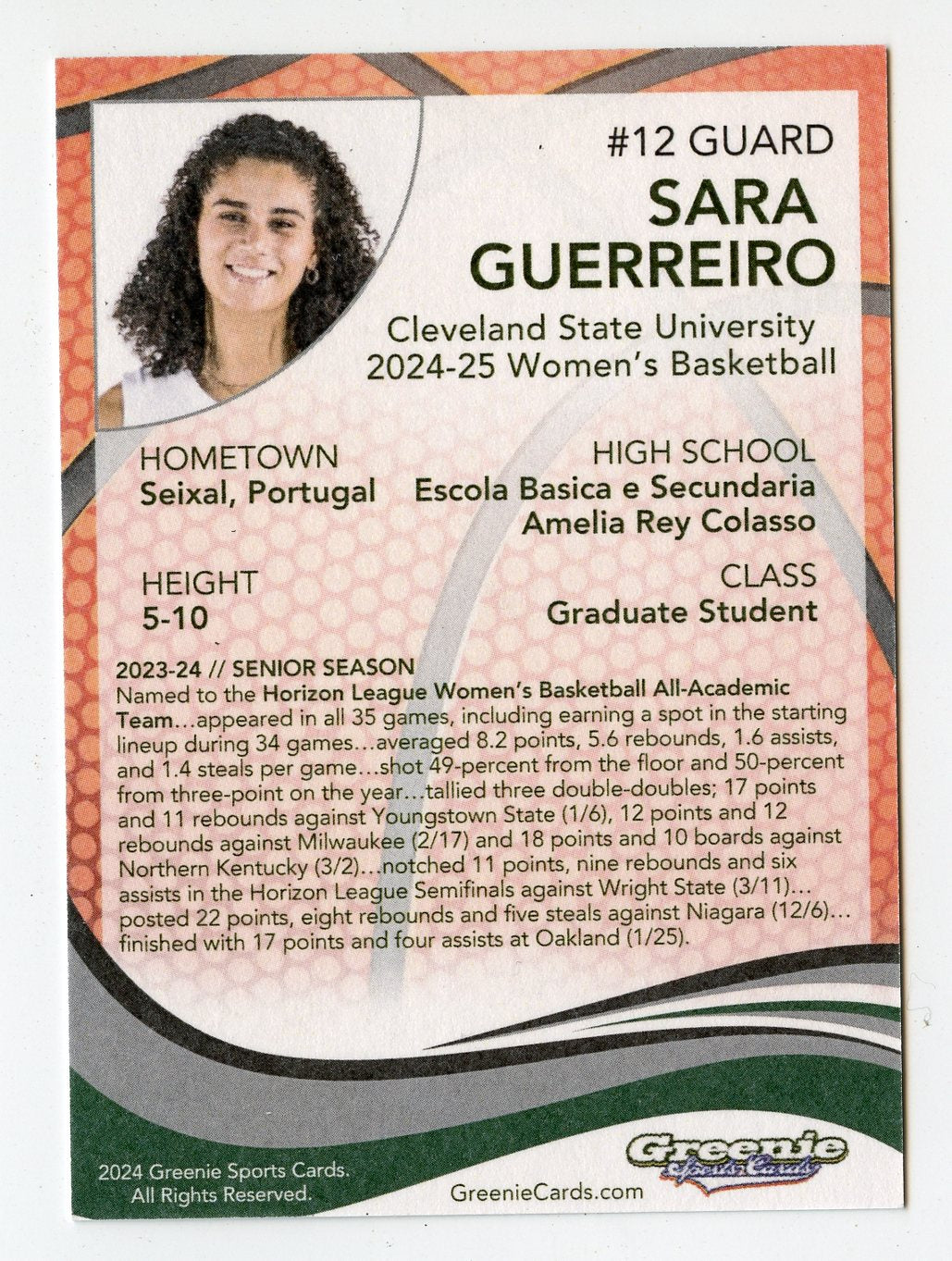 SARA GUERREIRO Certified Autograph Trading Card 2024 Greenie Sports Cards NIL Trading Card