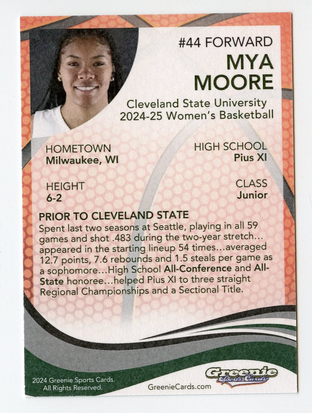 MYA MOORE Certified Autograph Trading Card 2024 Greenie Sports Cards NIL Trading Card