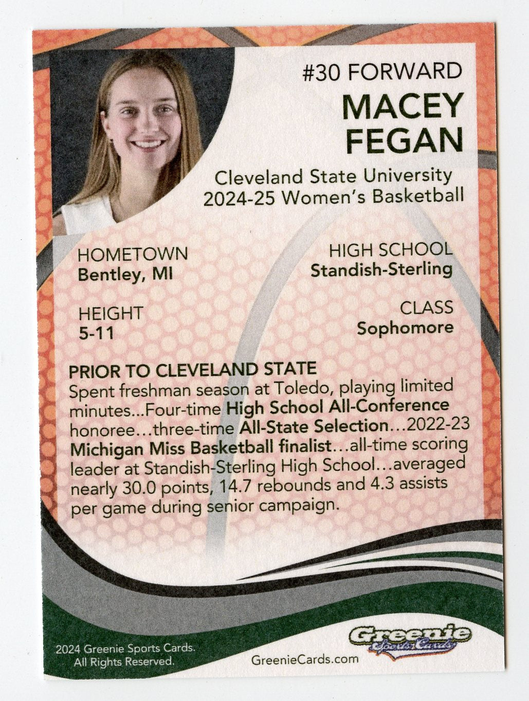 MACEY FEGAN Certified Autograph Trading Card 2024 Greenie Sports Cards NIL Trading Card