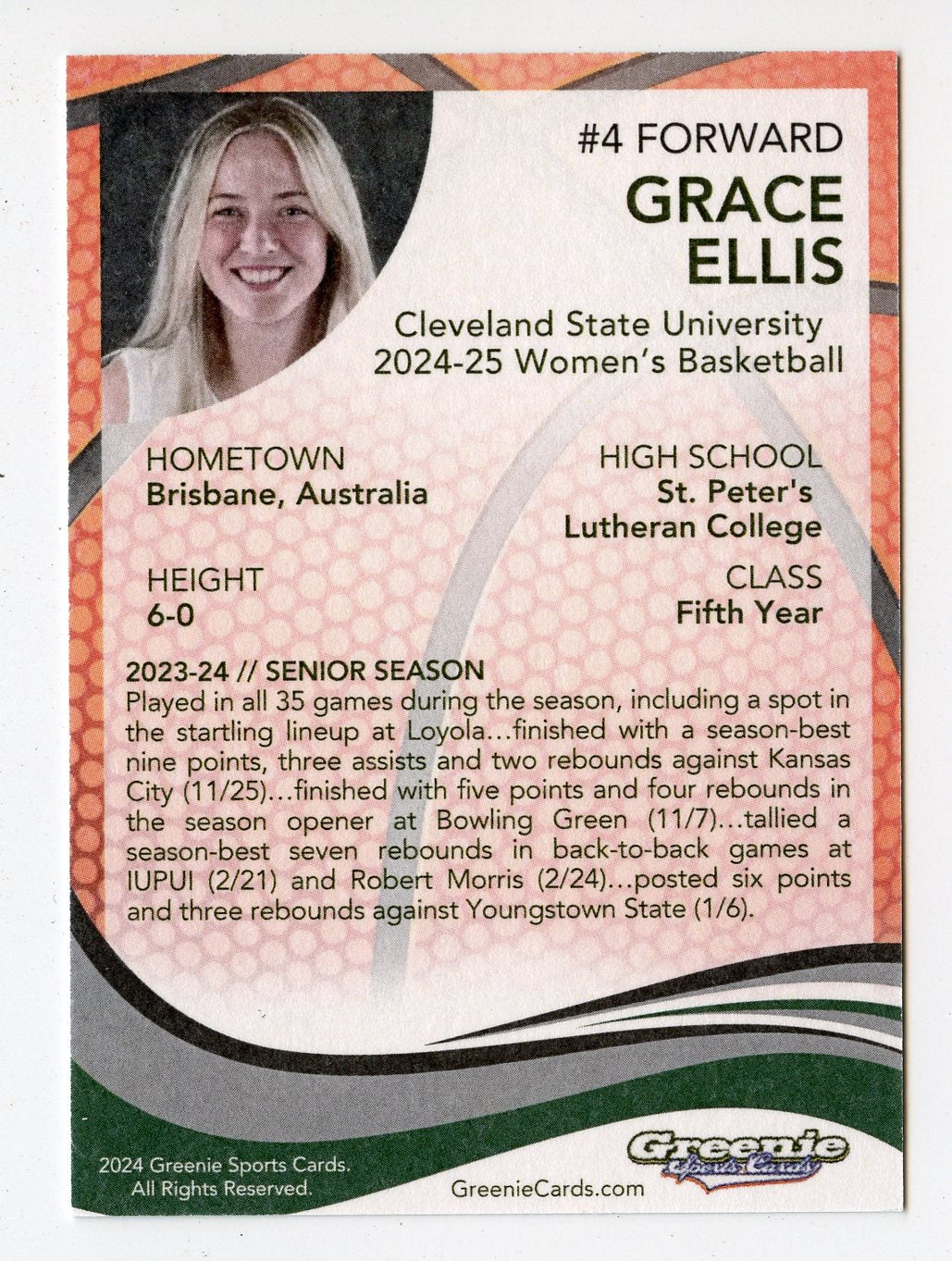 GRACE ELLIS Certified Autograph Trading Card 2024 Greenie Sports Cards NIL Trading Card