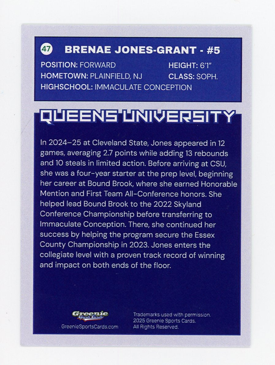 BRENAE JONES-GRANT Certified Autograph Trading Card 2025-26 Greenie Sports Cards NIL Trading Card